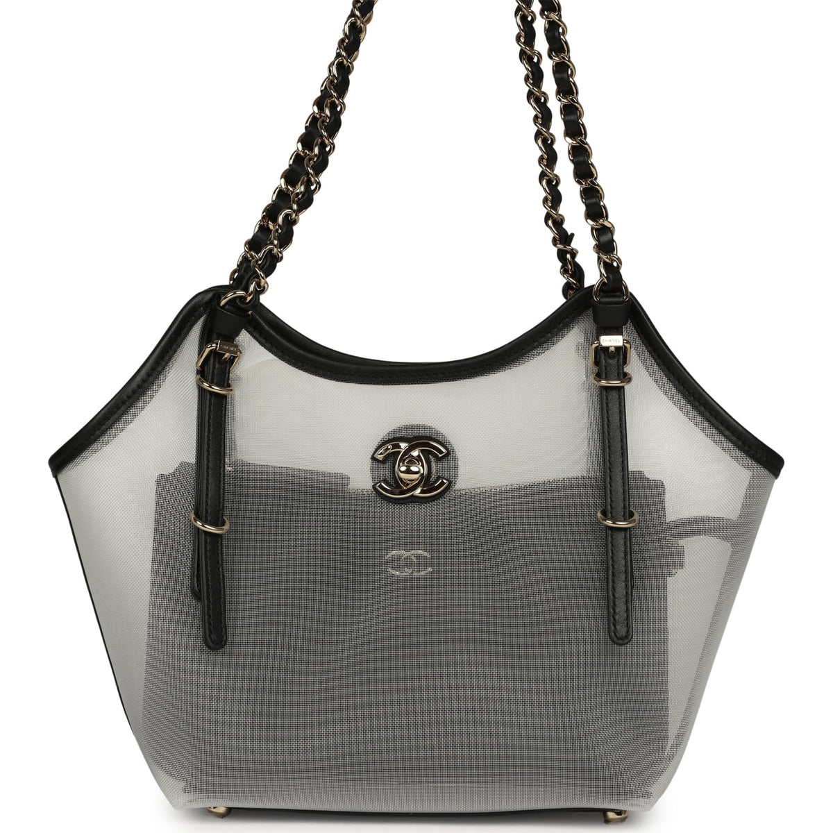 Chanel Small Coco Beach Shopping Bag Transparent Mesh and Black Calfskin Light Gold Hardware