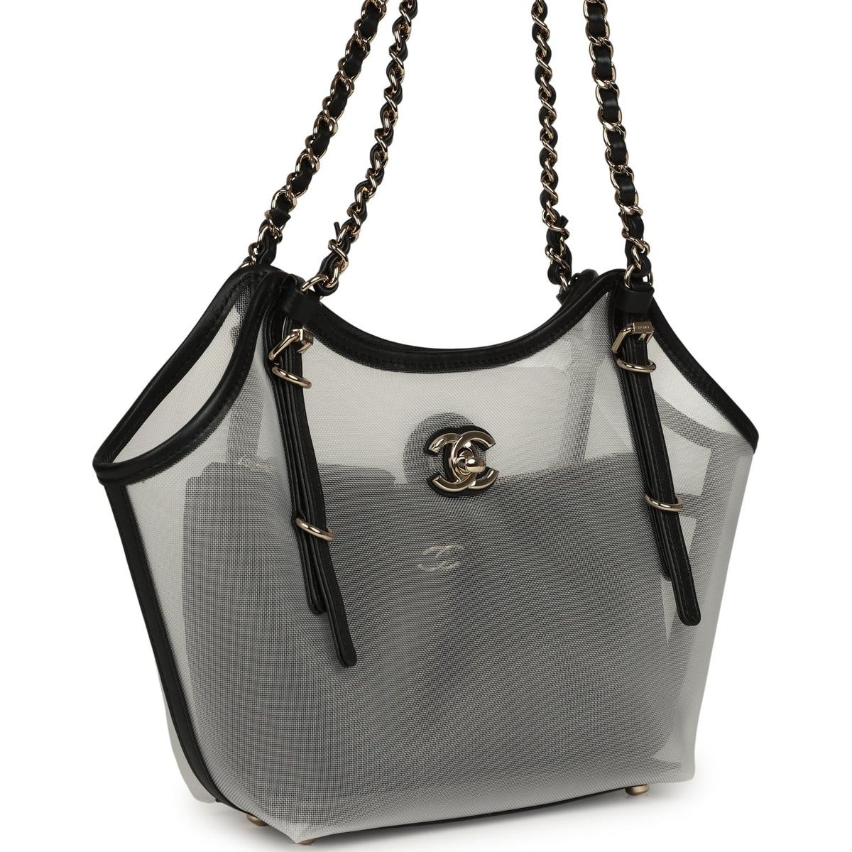 Chanel Small Coco Beach Shopping Bag Transparent Mesh and Black Calfskin Light Gold Hardware