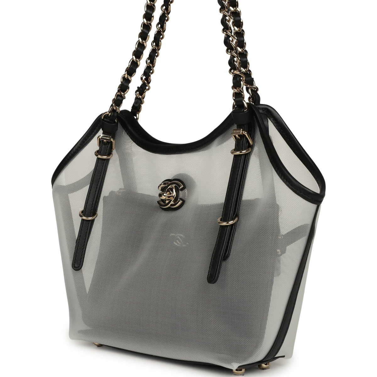 Chanel Small Coco Beach Shopping Bag Transparent Mesh and Black Calfskin Light Gold Hardware