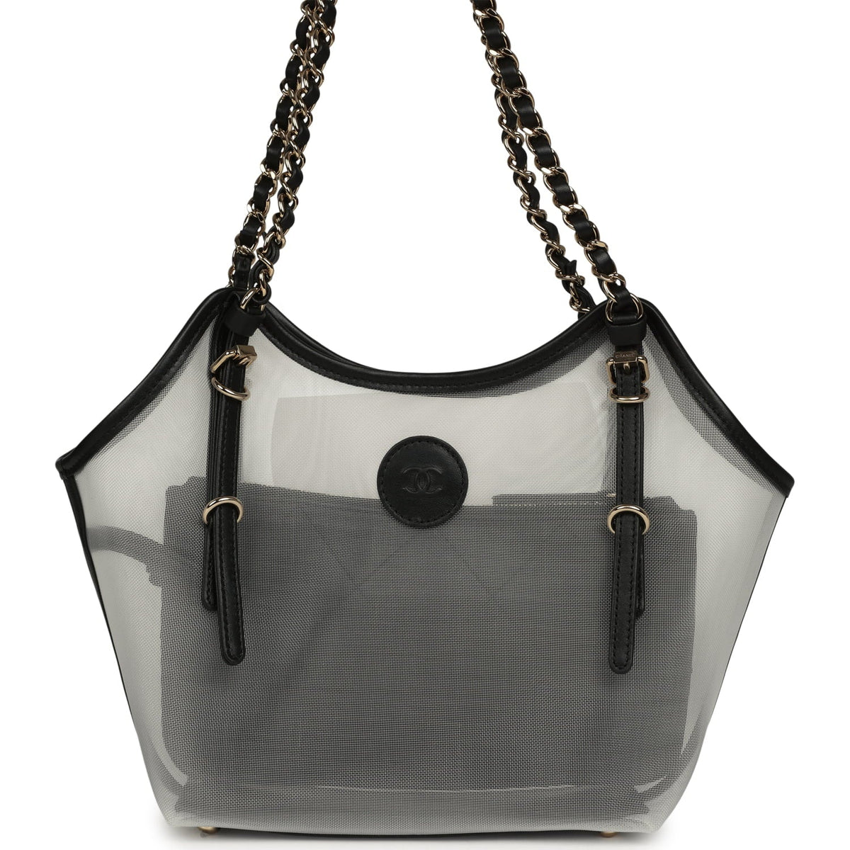 Chanel Small Coco Beach Shopping Bag Transparent Mesh and Black Calfskin Light Gold Hardware