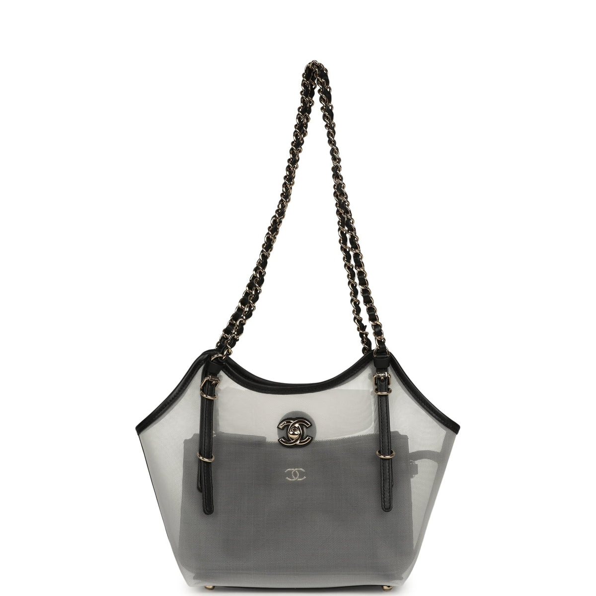 Chanel Small Coco Beach Shopping Bag Transparent Mesh and Black Calfskin Light Gold Hardware