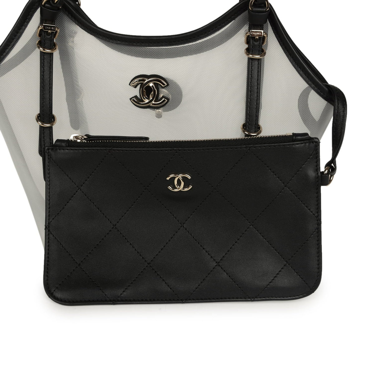 Chanel Small Coco Beach Shopping Bag Transparent Mesh and Black Calfskin Light Gold Hardware