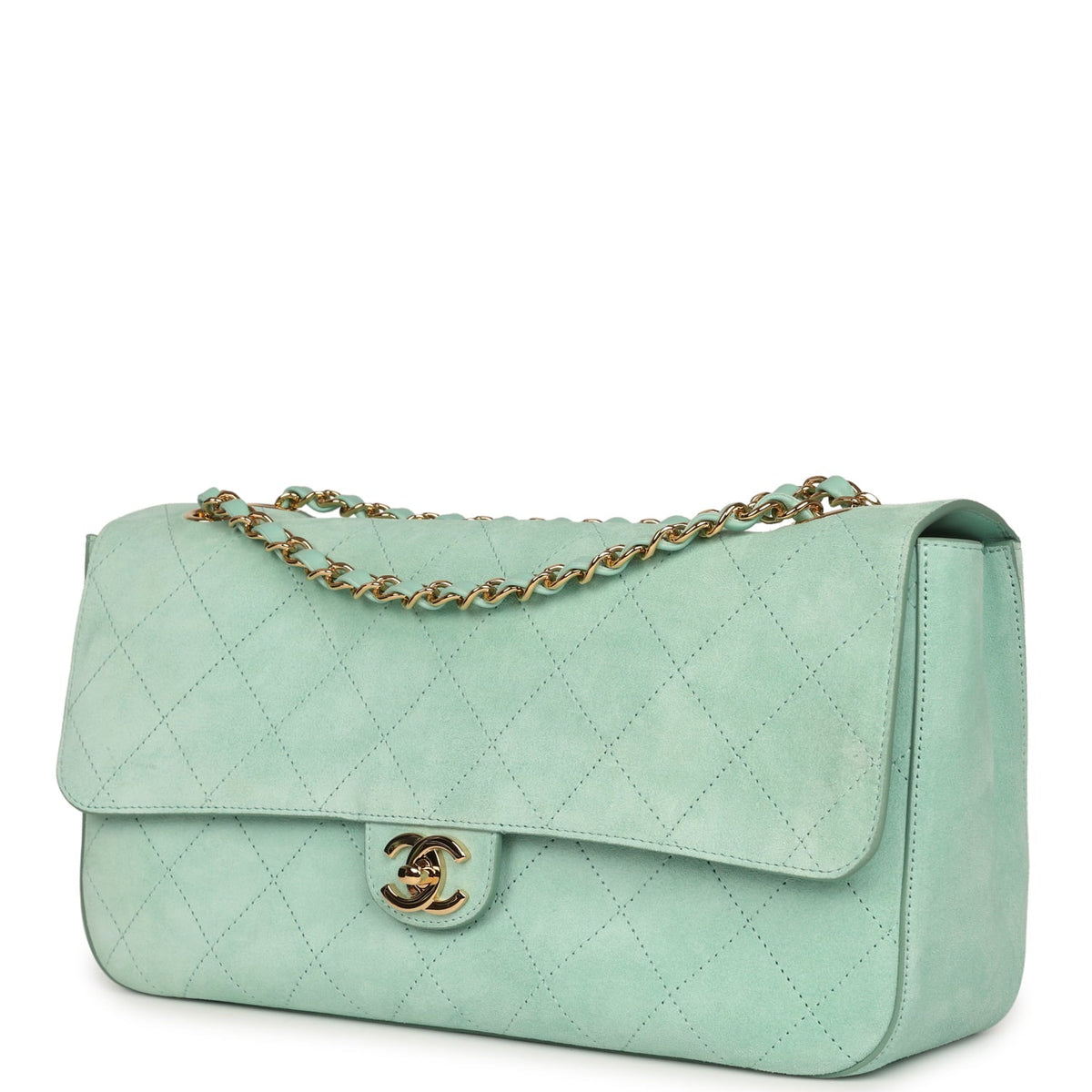 Chanel Maxi "Souplissimo" Small Flap Bag Green Beige Suede Gold Hardware
