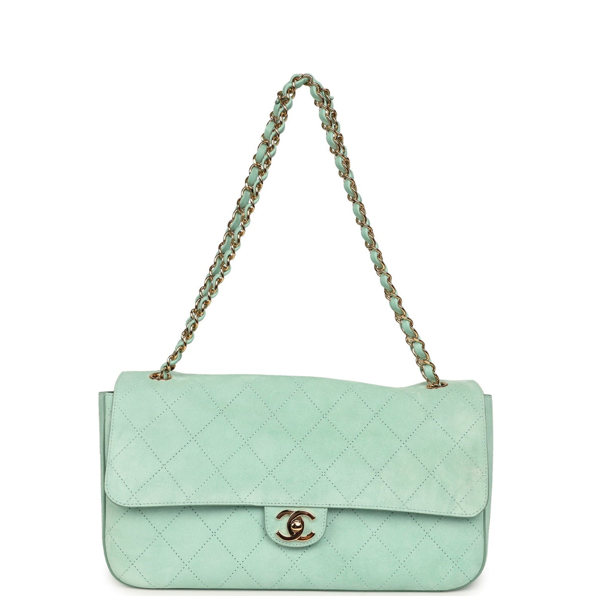 Chanel Maxi "Souplissimo" Small Flap Bag Green Beige Suede Gold Hardware