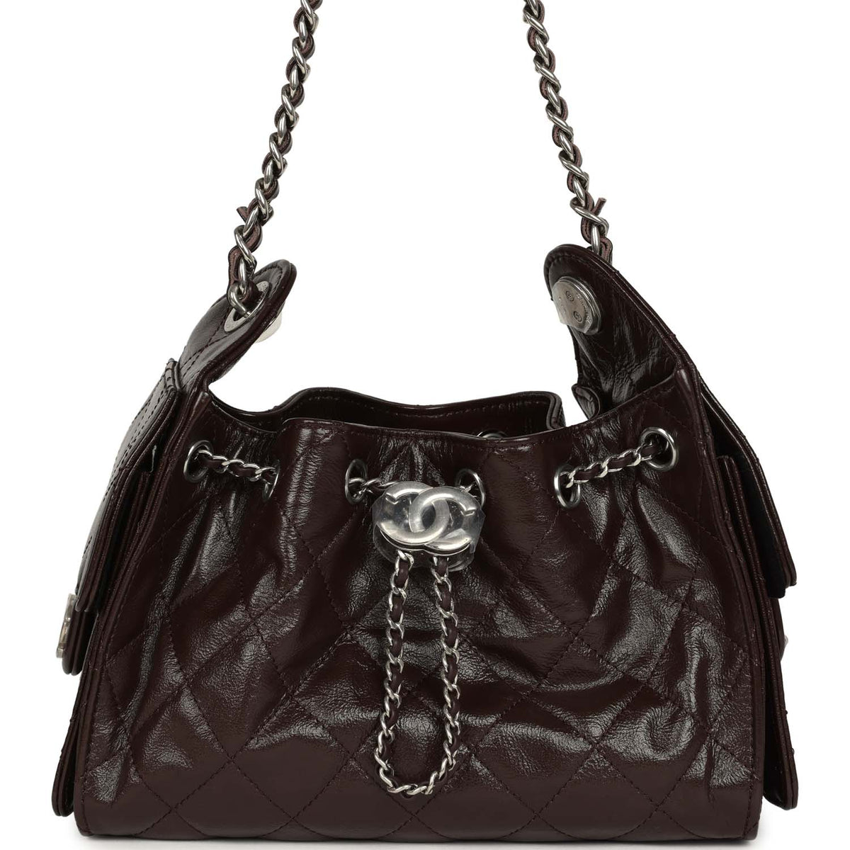 Chanel Mini 25 Hobo Bag Dark Brown Shiny Crumpled Calfskin Silver Hardware