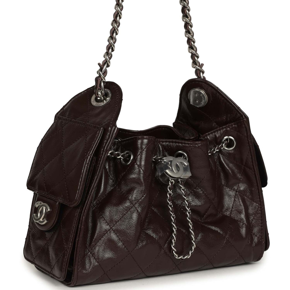 Chanel Mini 25 Hobo Bag Dark Brown Shiny Crumpled Calfskin Silver Hardware