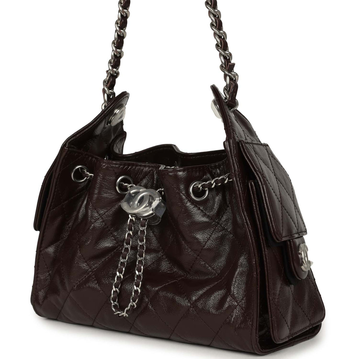 Chanel Mini 25 Hobo Bag Dark Brown Shiny Crumpled Calfskin Silver Hardware