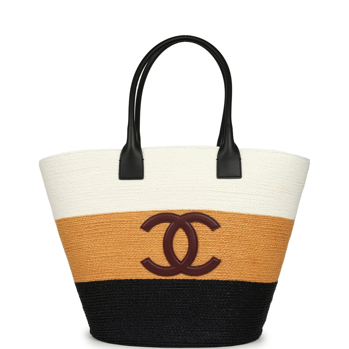 Chanel Maxi Coco Beach Small Shopping Bag White, Dark Beige, Black Raffia and Calfskin