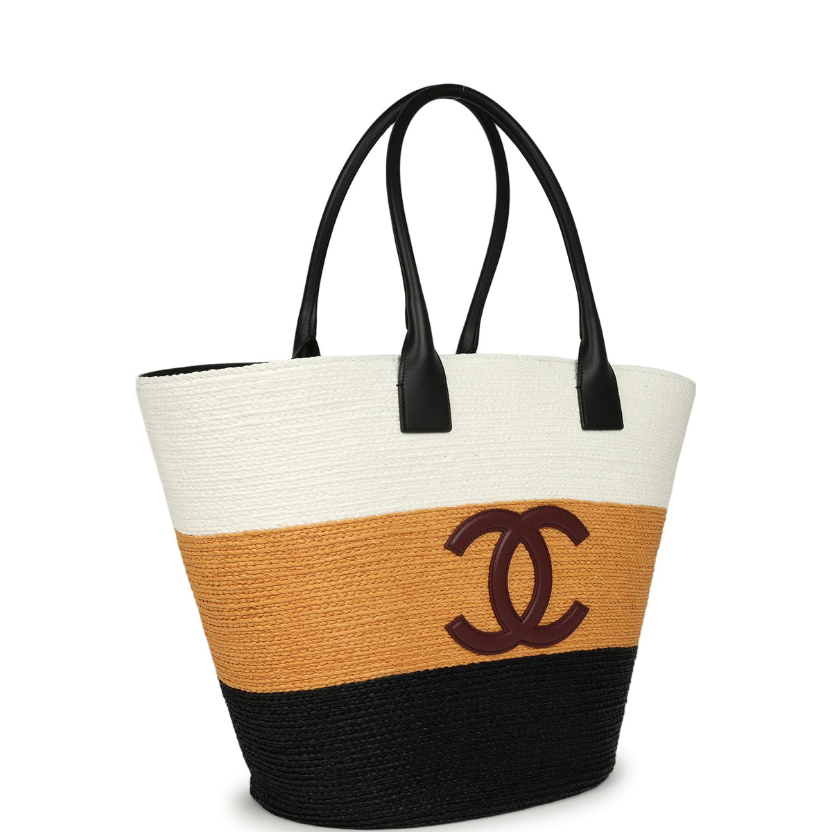 Chanel Maxi Coco Beach Small Shopping Bag White, Dark Beige, Black Raffia and Calfskin