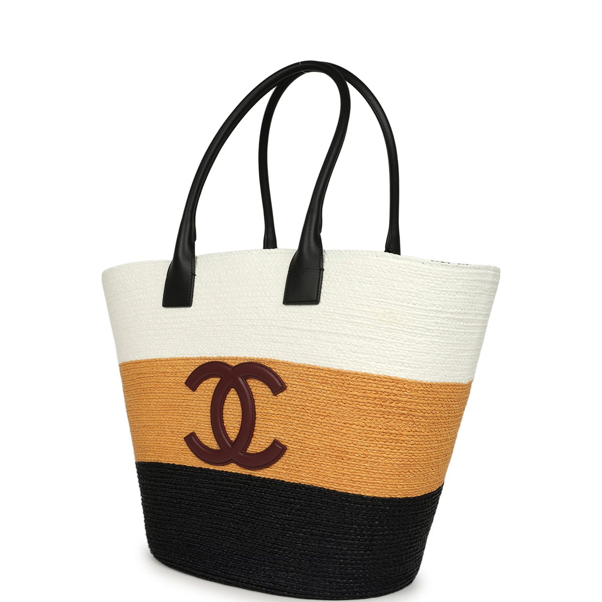 Chanel Maxi Coco Beach Small Shopping Bag White, Dark Beige, Black Raffia and Calfskin