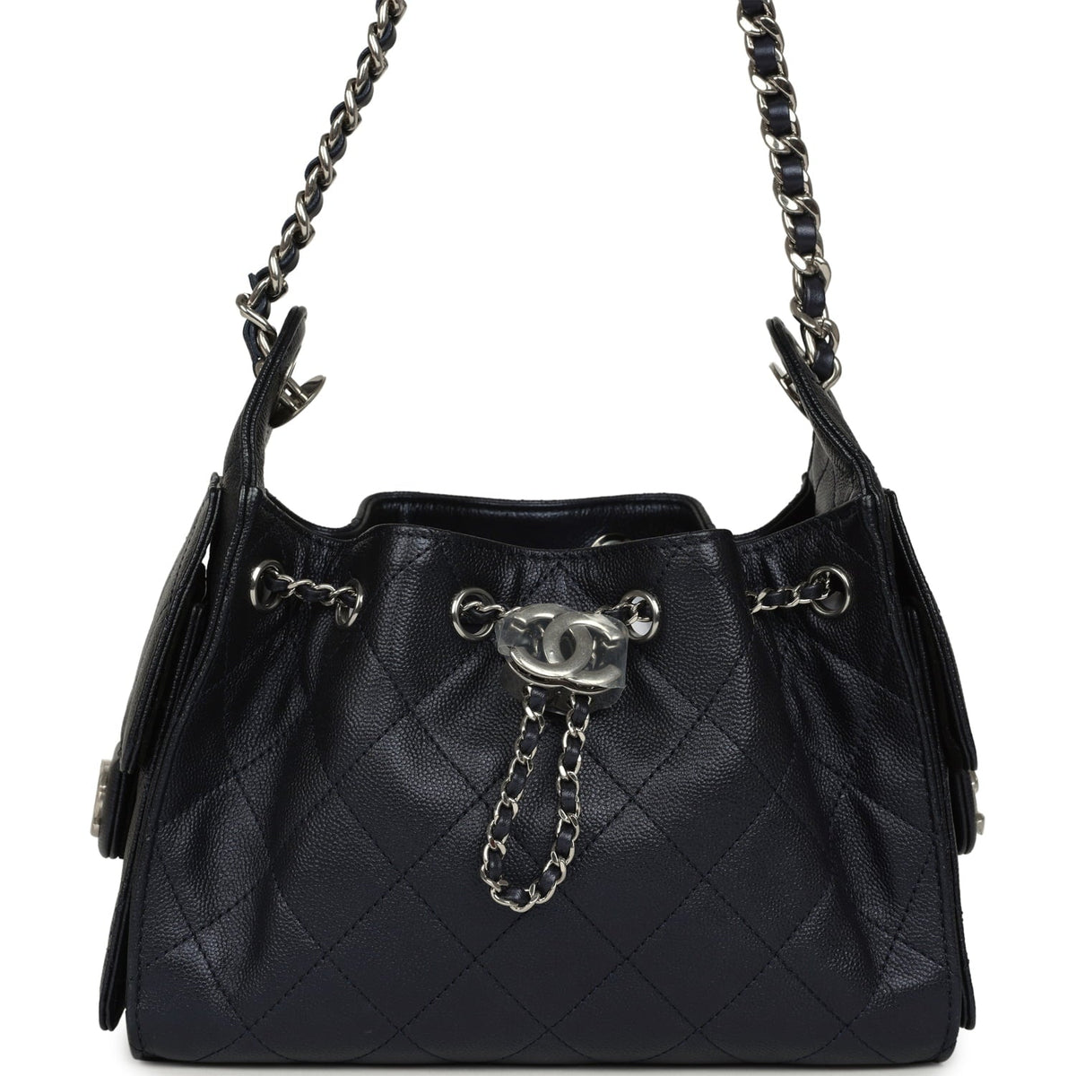 Chanel Mini 25 Hobo Bag Dark Blue Metallic Caviar Silver Hardware