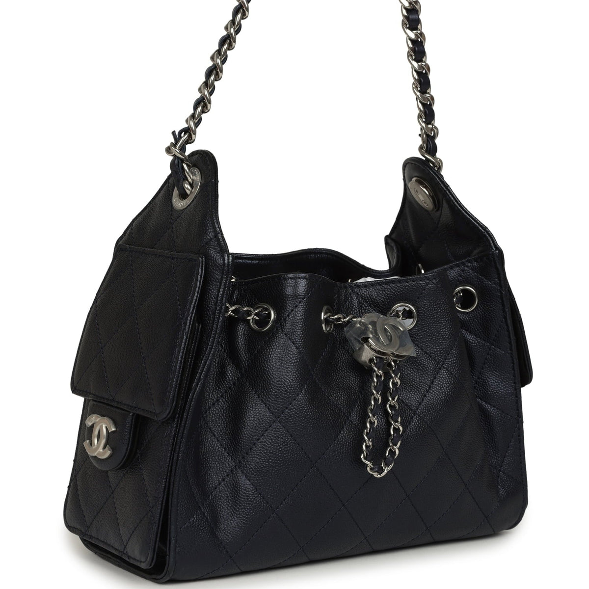 Chanel Mini 25 Hobo Bag Dark Blue Metallic Caviar Silver Hardware