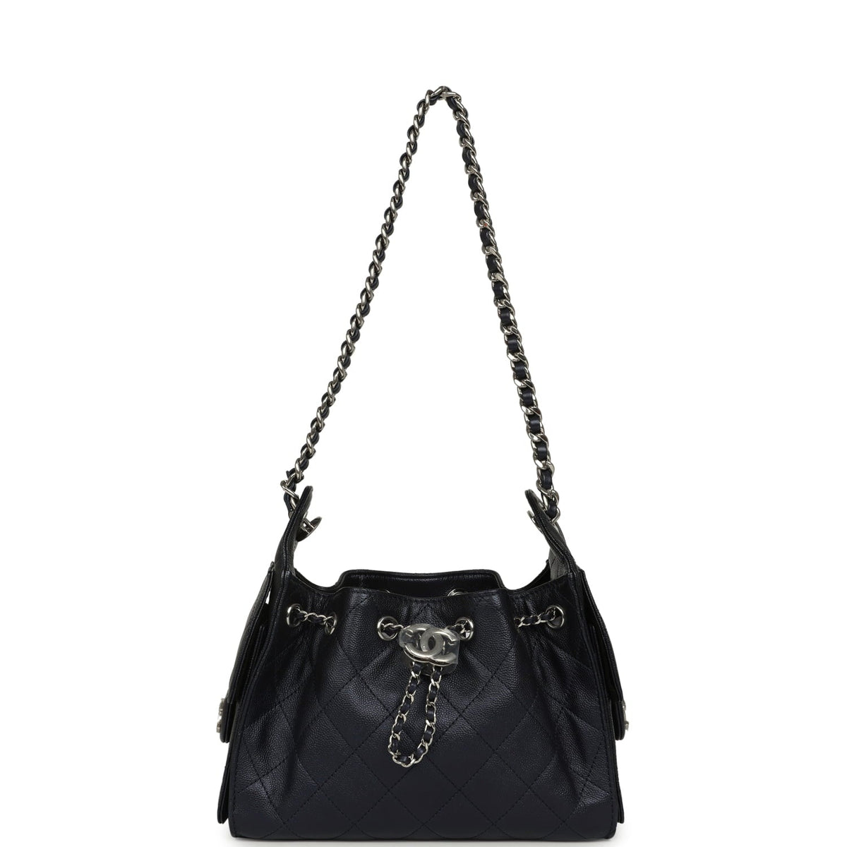 Chanel Mini 25 Hobo Bag Dark Blue Metallic Caviar Silver Hardware