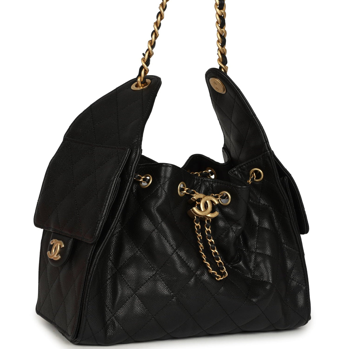 Pre-owned Chanel Small 25 Hobo Bag Black Caviar Antique Gold Hardware