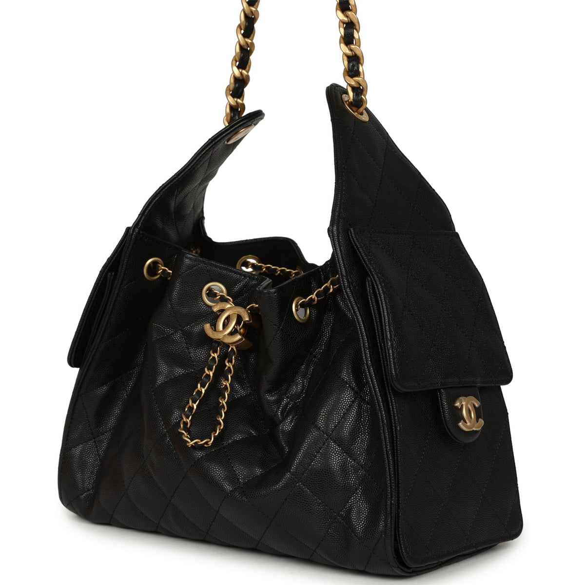 Pre-owned Chanel Small 25 Hobo Bag Black Caviar Antique Gold Hardware