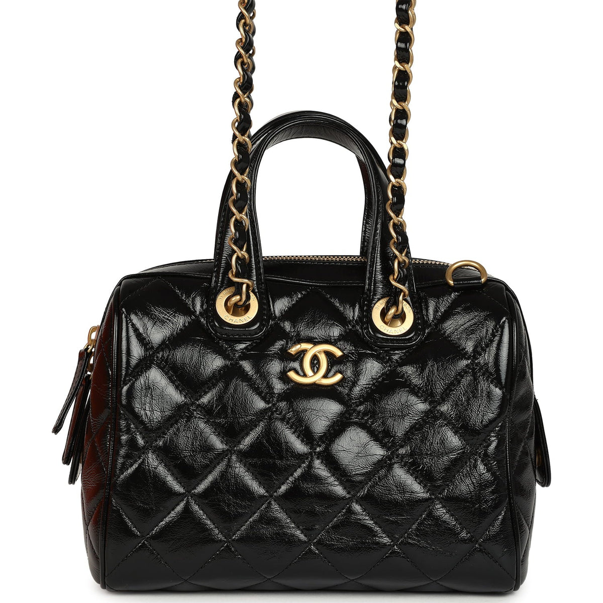 Pre-owned Chanel "CC Travel" Bowling Bag Black Shiny Crumped Calfskin Antique Gold Hardware