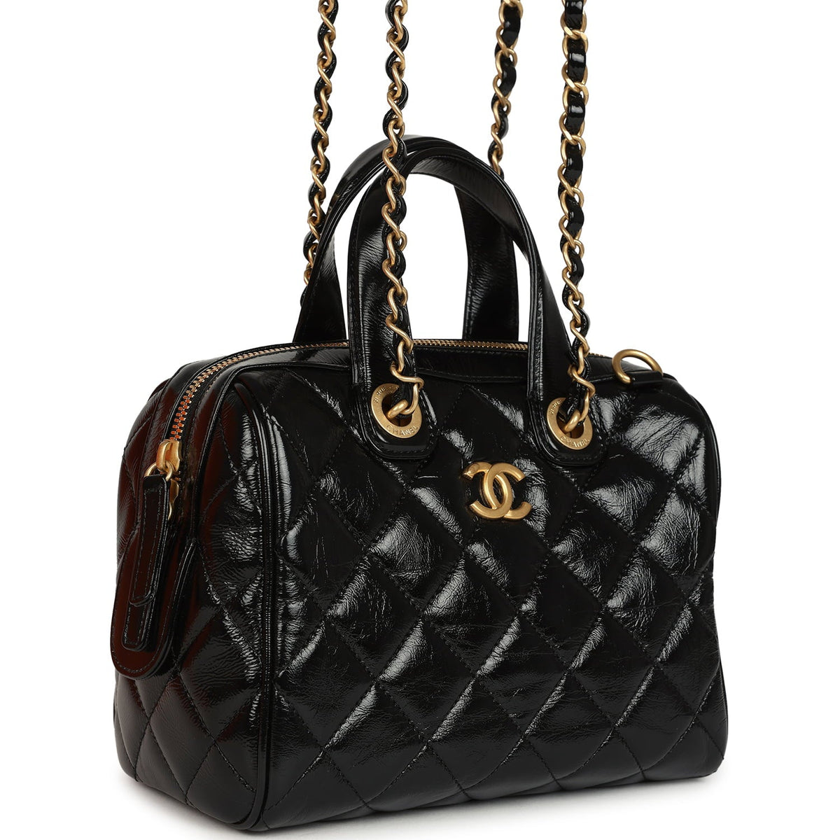 Pre-owned Chanel "CC Travel" Bowling Bag Black Shiny Crumped Calfskin Antique Gold Hardware
