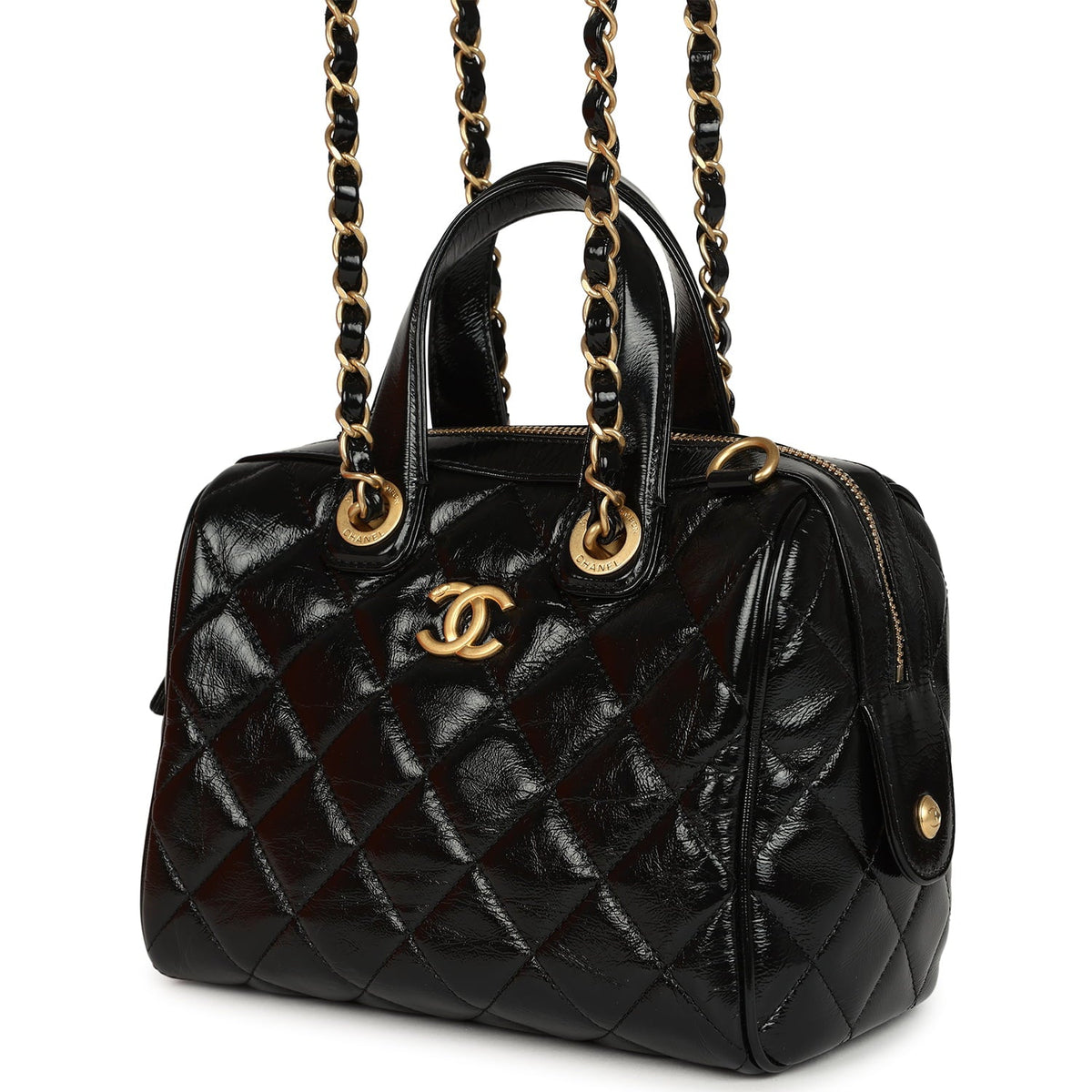 Pre-owned Chanel "CC Travel" Bowling Bag Black Shiny Crumped Calfskin Antique Gold Hardware