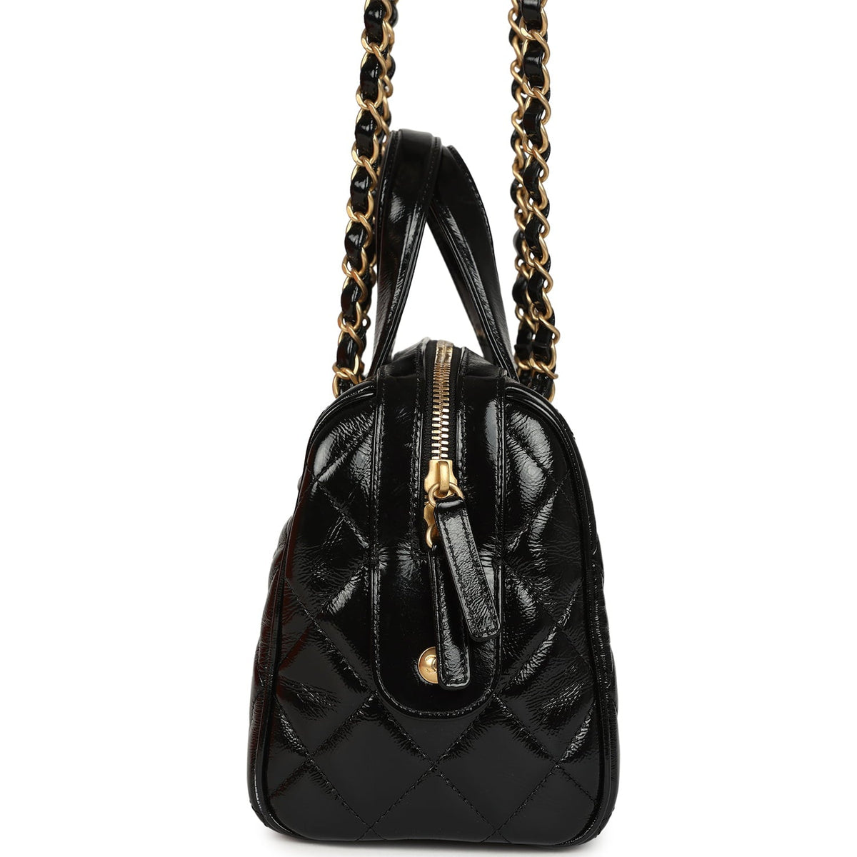 Pre-owned Chanel "CC Travel" Bowling Bag Black Shiny Crumped Calfskin Antique Gold Hardware