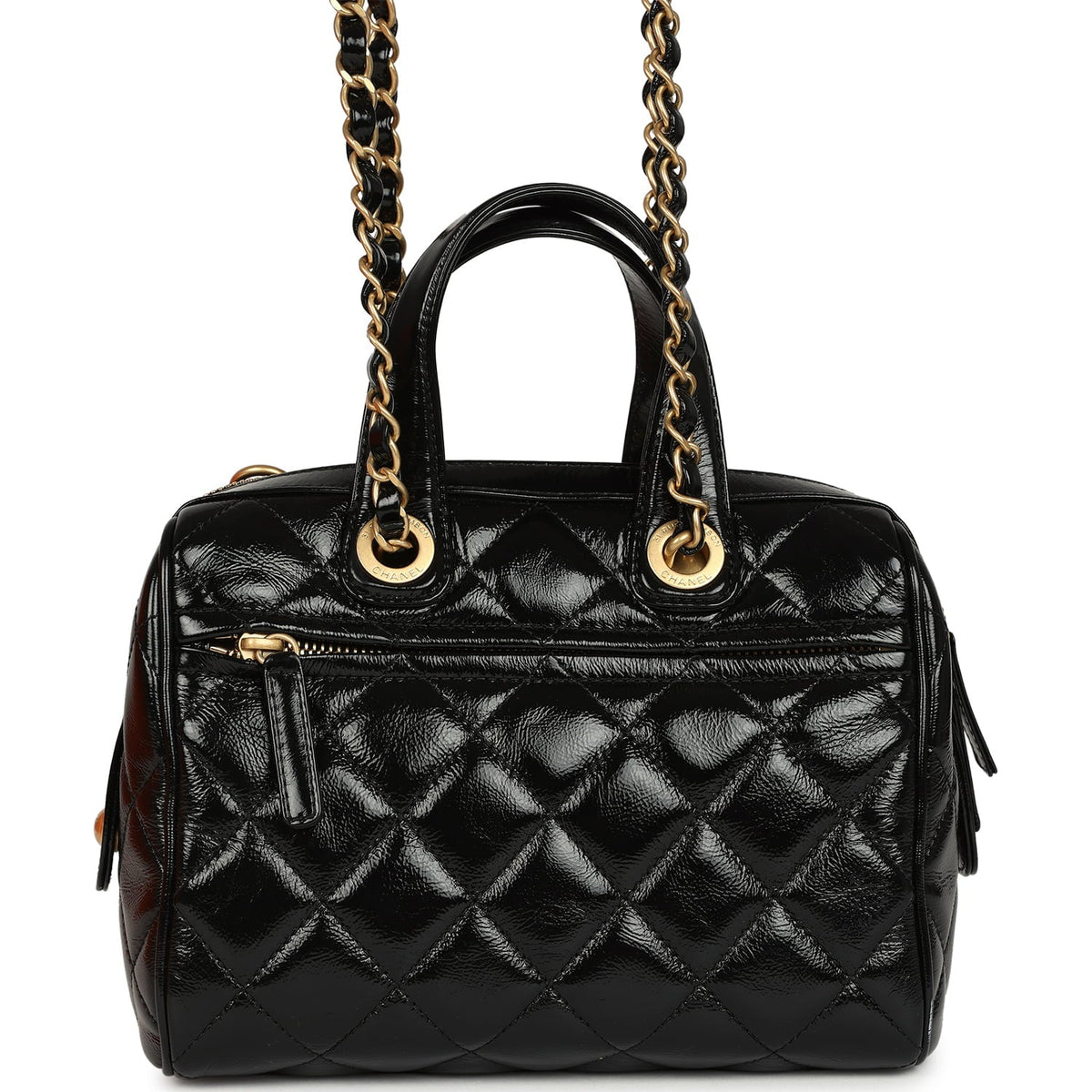 Pre-owned Chanel "CC Travel" Bowling Bag Black Shiny Crumped Calfskin Antique Gold Hardware