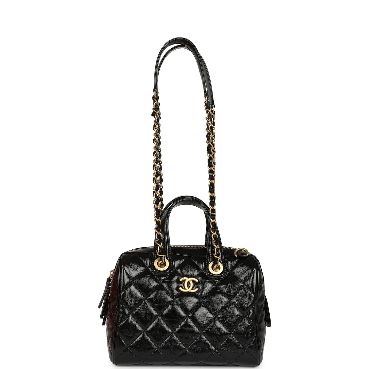 Pre-owned Chanel "CC Travel" Bowling Bag Black Shiny Crumped Calfskin Antique Gold Hardware