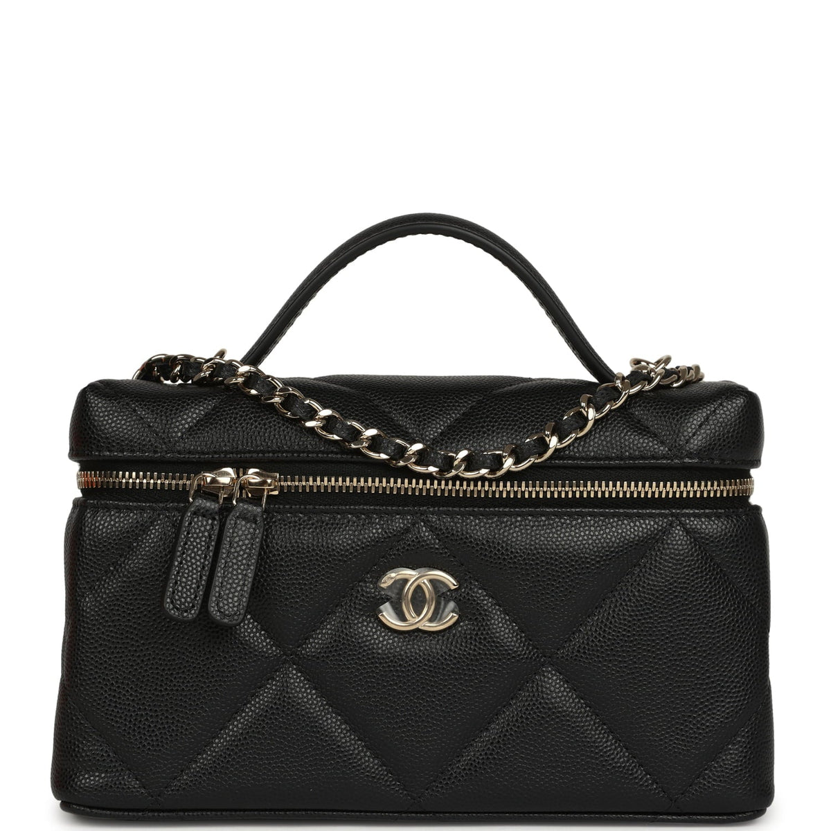Chanel Top Handle Long Vanity Case with Chain Black Shiny Caviar Light Gold Hardware