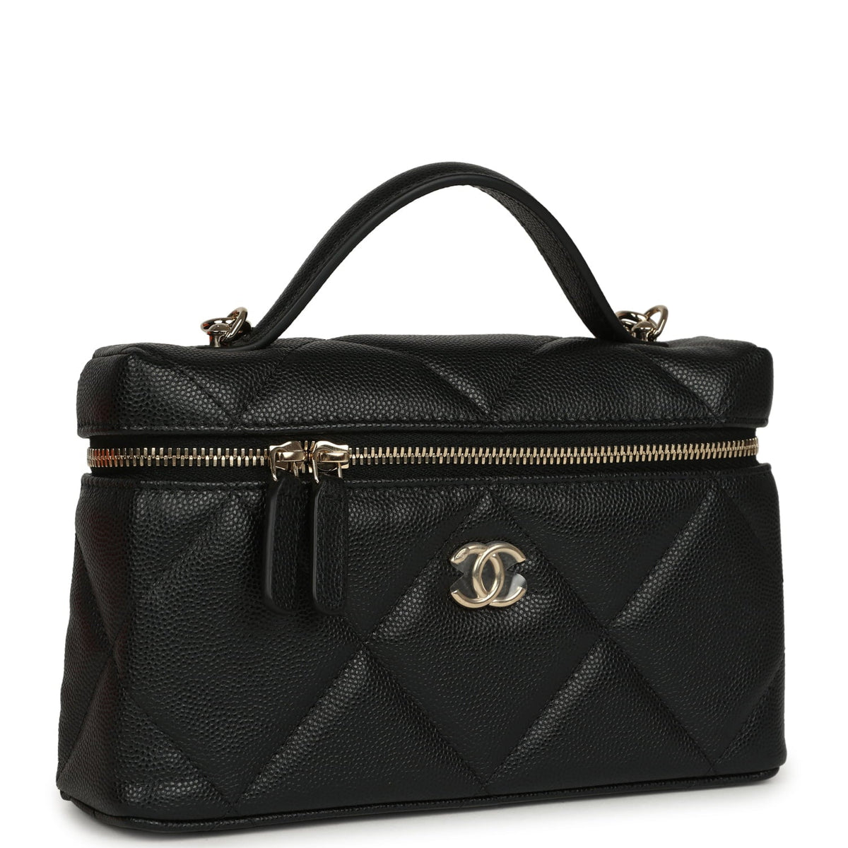 Chanel Top Handle Long Vanity Case with Chain Black Shiny Caviar Light Gold Hardware