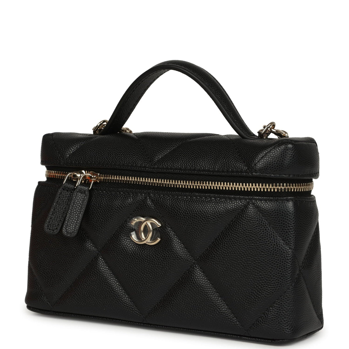 Chanel Top Handle Long Vanity Case with Chain Black Shiny Caviar Light Gold Hardware