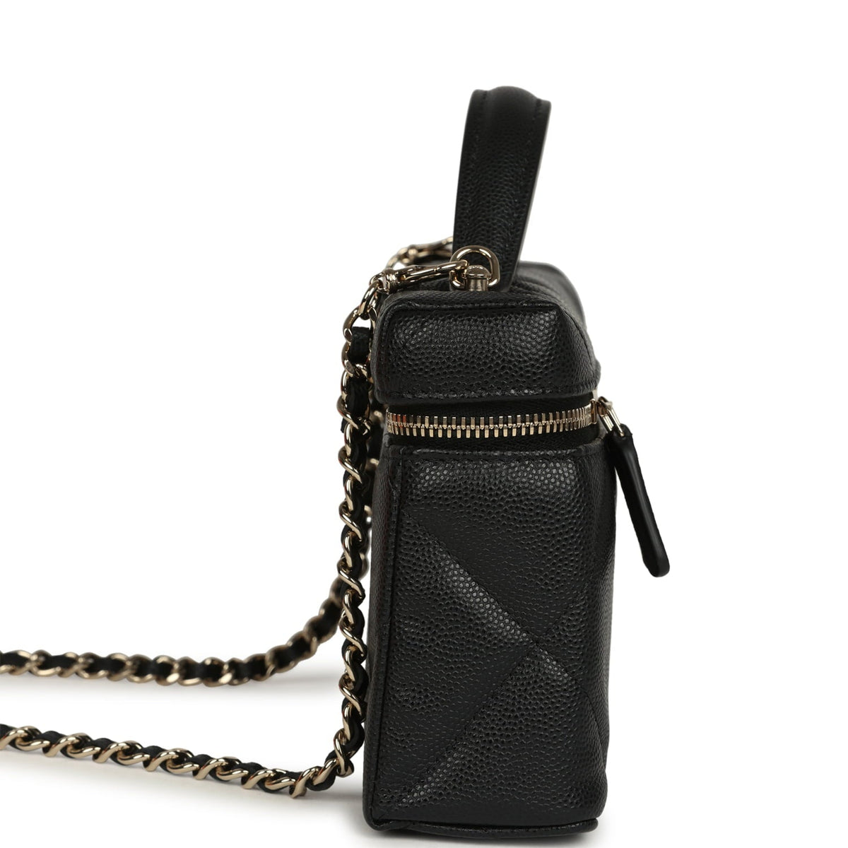 Chanel Top Handle Long Vanity Case with Chain Black Shiny Caviar Light Gold Hardware