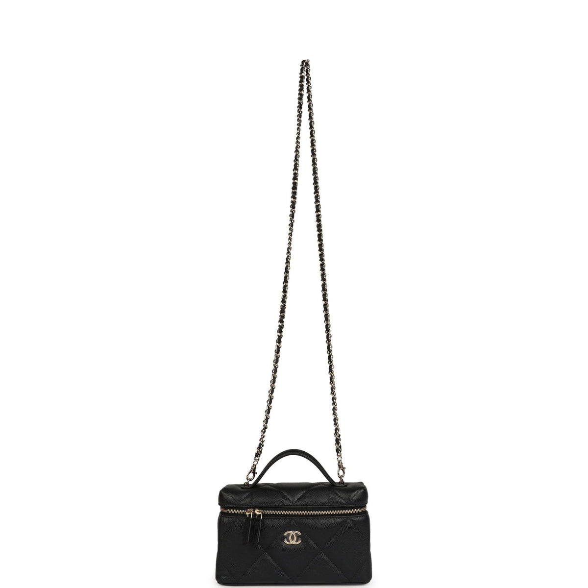Chanel Top Handle Long Vanity Case with Chain Black Shiny Caviar Light Gold Hardware