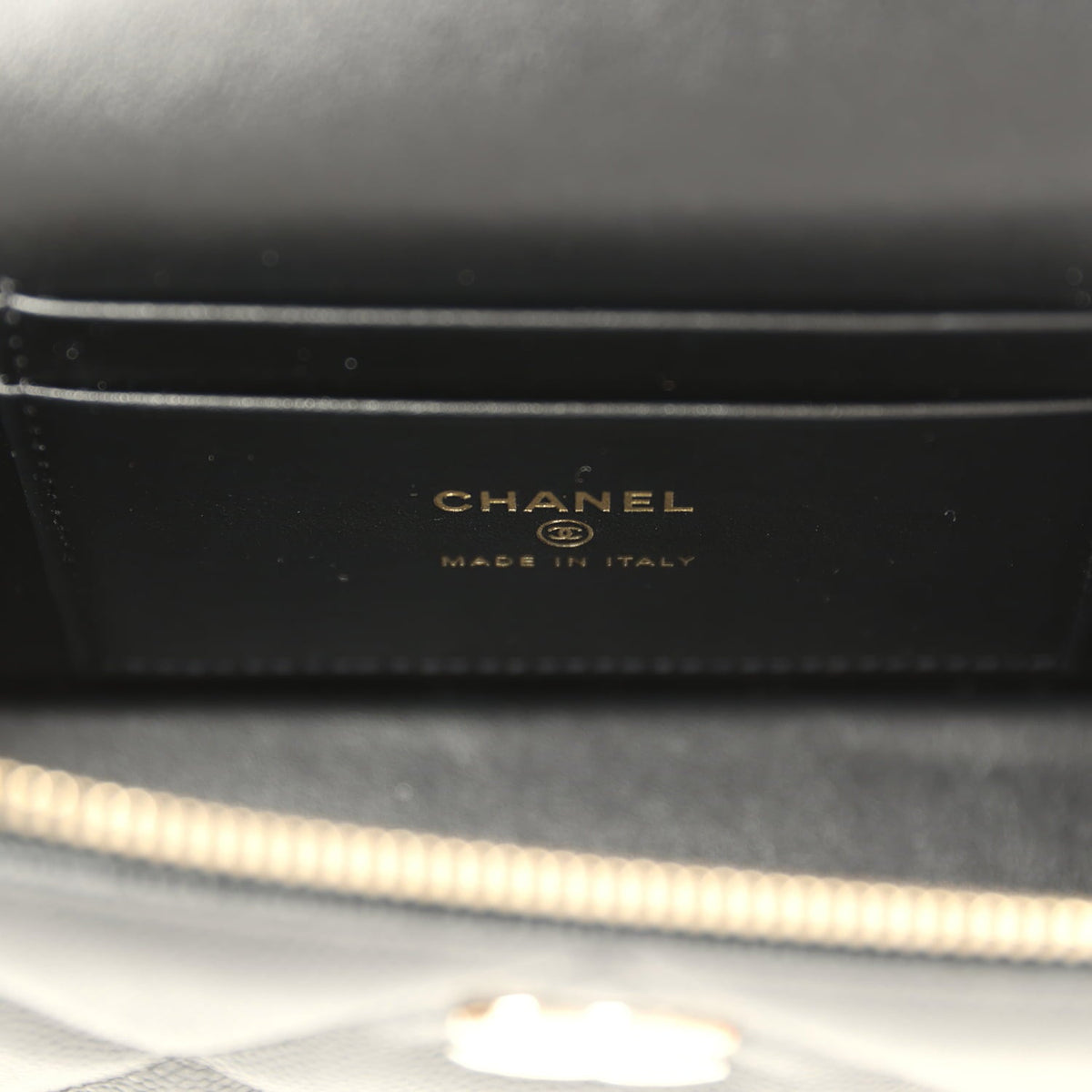Chanel Top Handle Long Vanity Case with Chain Black Shiny Caviar Light Gold Hardware