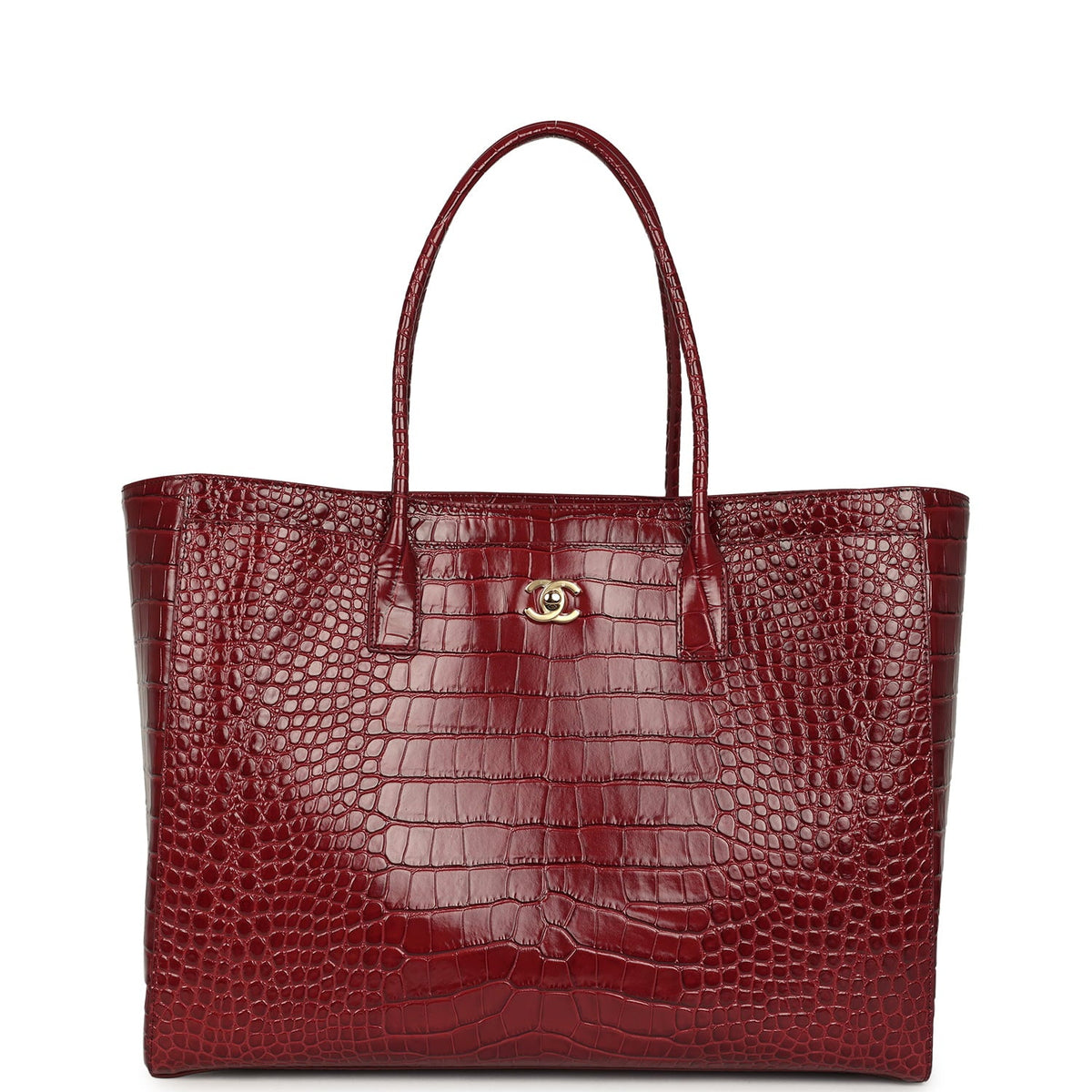 Chanel Large Cerf Shopping Bag Burgundy Crocodile Embossed Calfskin Gold Hardware