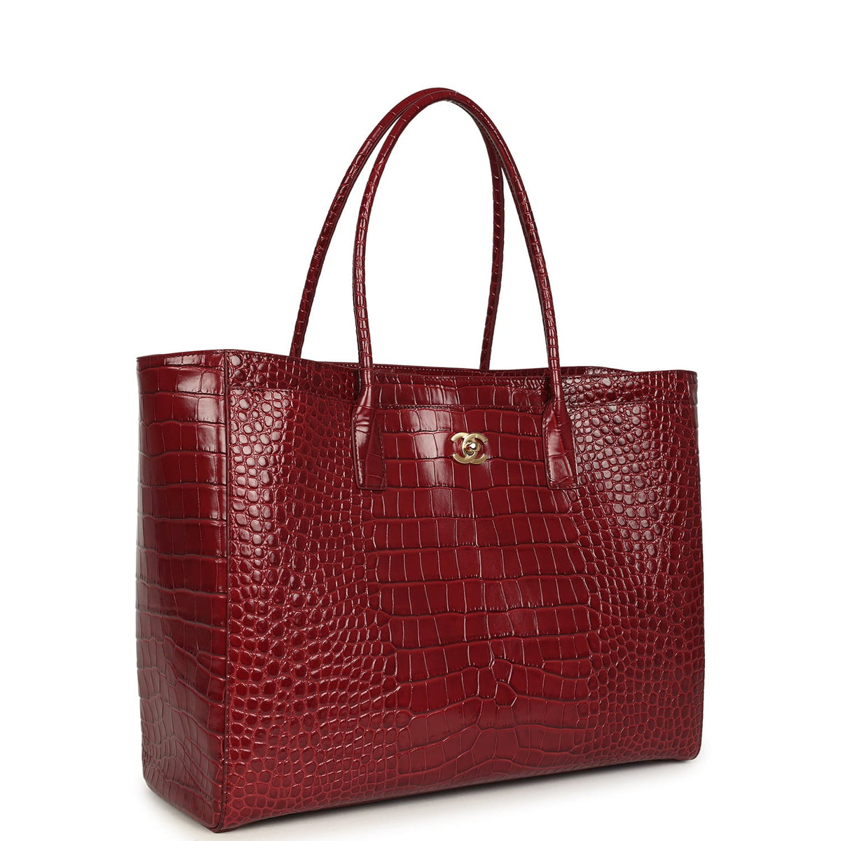 Chanel Large Cerf Shopping Bag Burgundy Crocodile Embossed Calfskin Gold Hardware