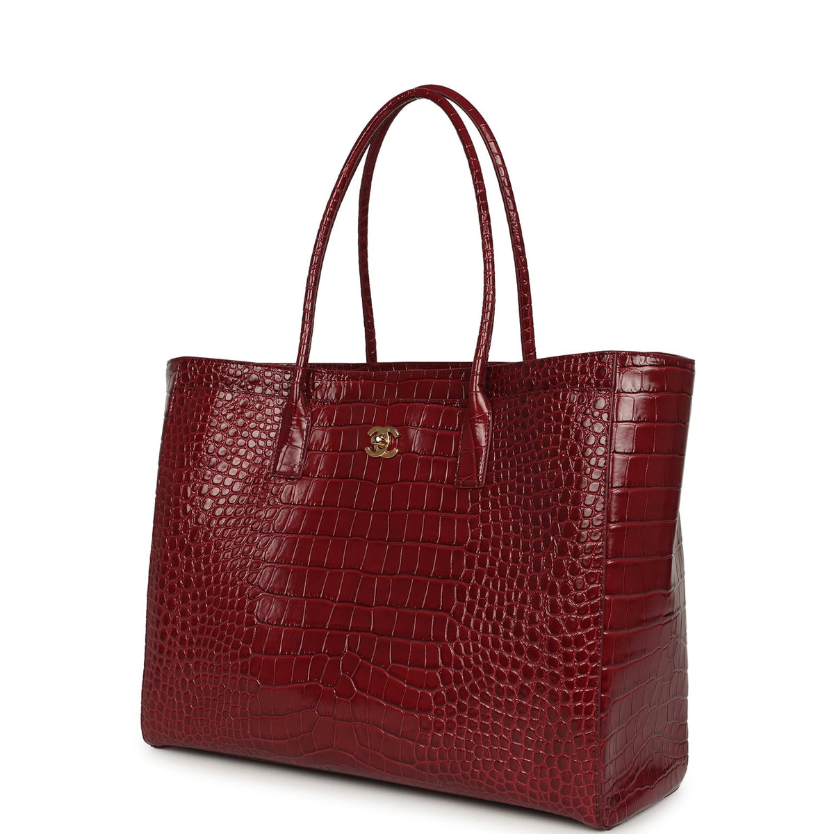 Chanel Large Cerf Shopping Bag Burgundy Crocodile Embossed Calfskin Gold Hardware