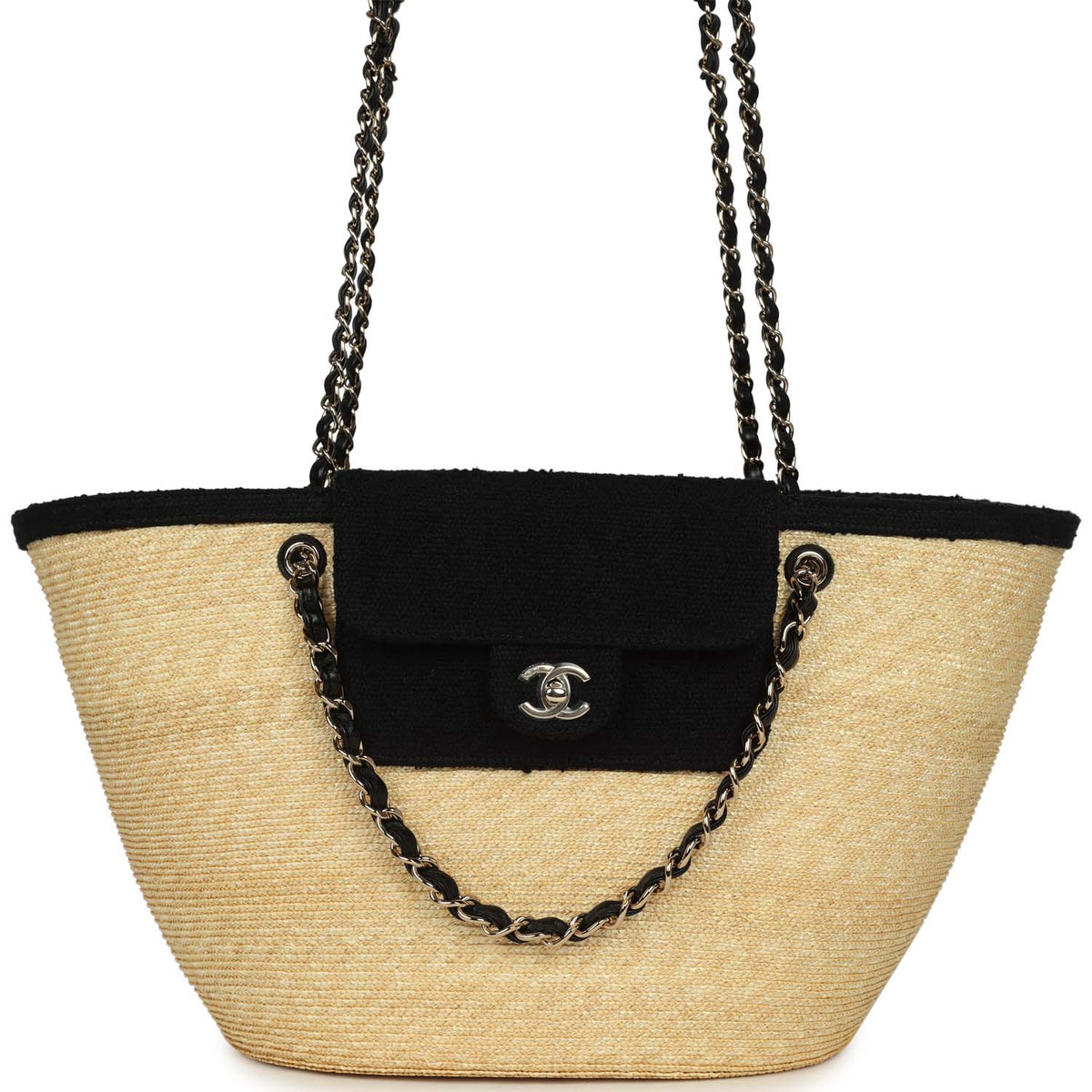 Chanel Large "Coco Vibe" Shopping Tote Bag Beige Raffia and Black Tweed Light Gold Hardware