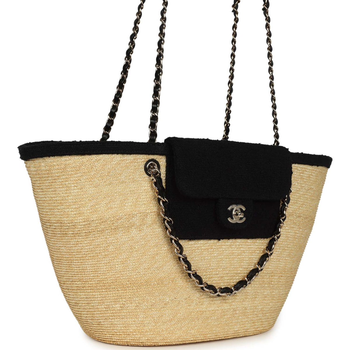 Chanel Large "Coco Vibe" Shopping Tote Bag Beige Raffia and Black Tweed Light Gold Hardware