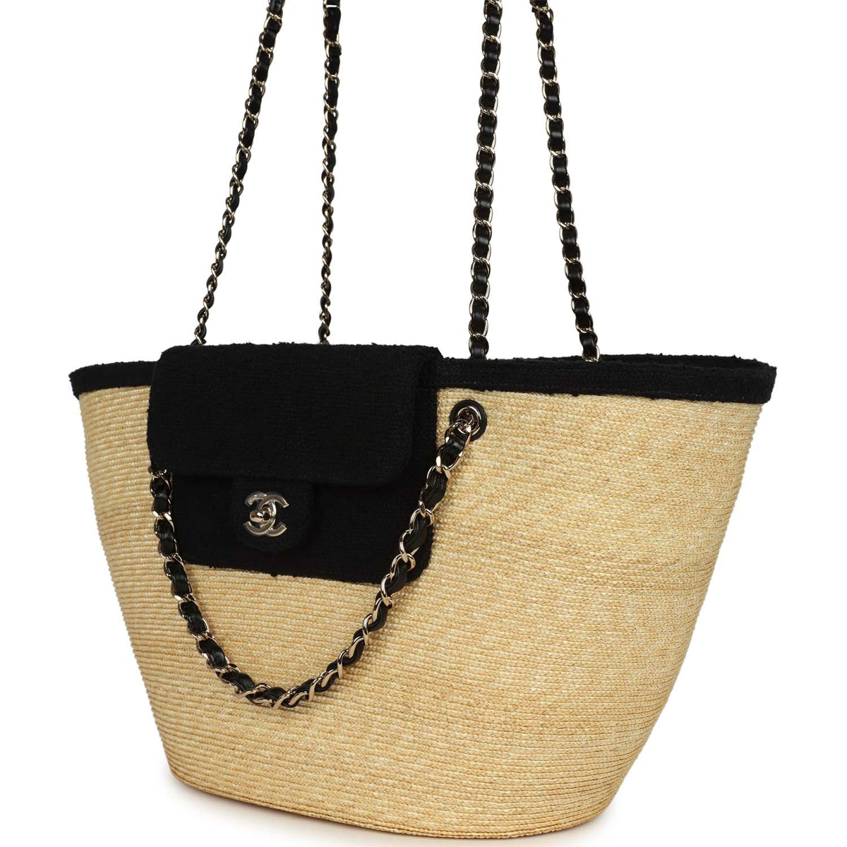 Chanel Large "Coco Vibe" Shopping Tote Bag Beige Raffia and Black Tweed Light Gold Hardware