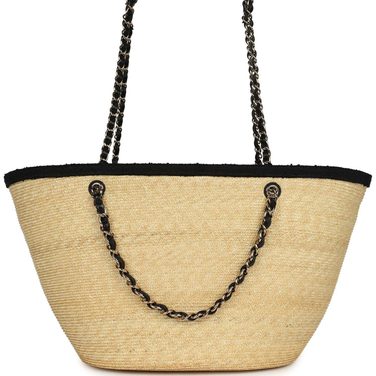 Chanel Large "Coco Vibe" Shopping Tote Bag Beige Raffia and Black Tweed Light Gold Hardware