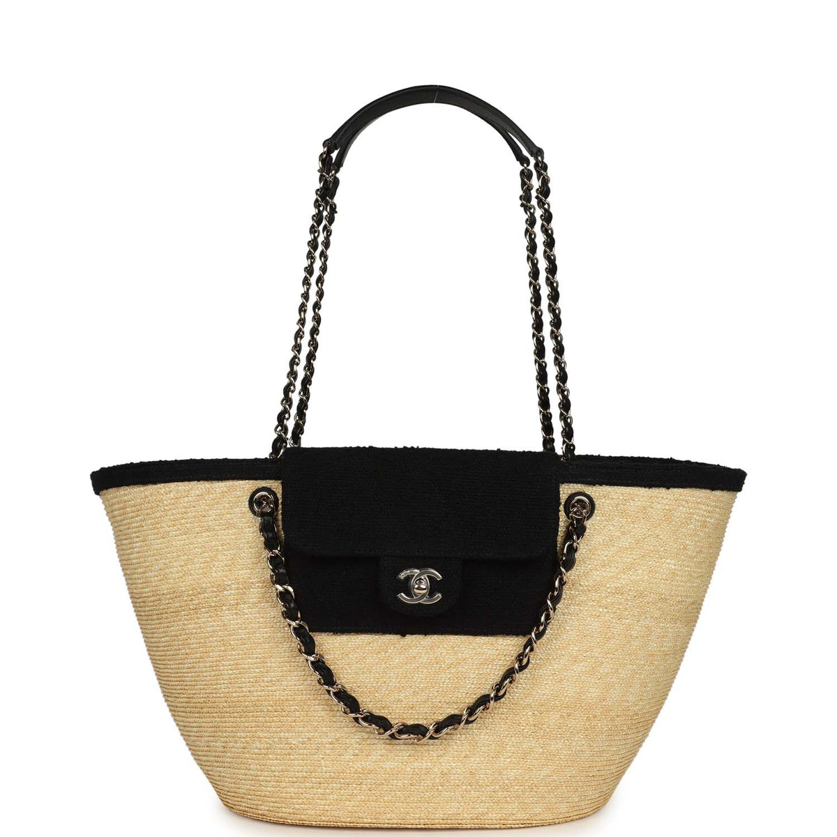 Chanel Large "Coco Vibe" Shopping Tote Bag Beige Raffia and Black Tweed Light Gold Hardware