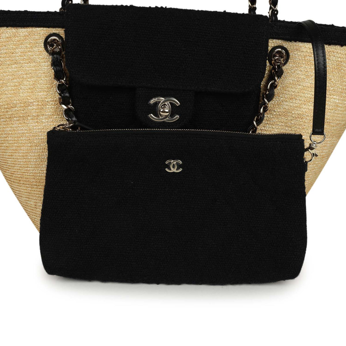 Chanel Large "Coco Vibe" Shopping Tote Bag Beige Raffia and Black Tweed Light Gold Hardware