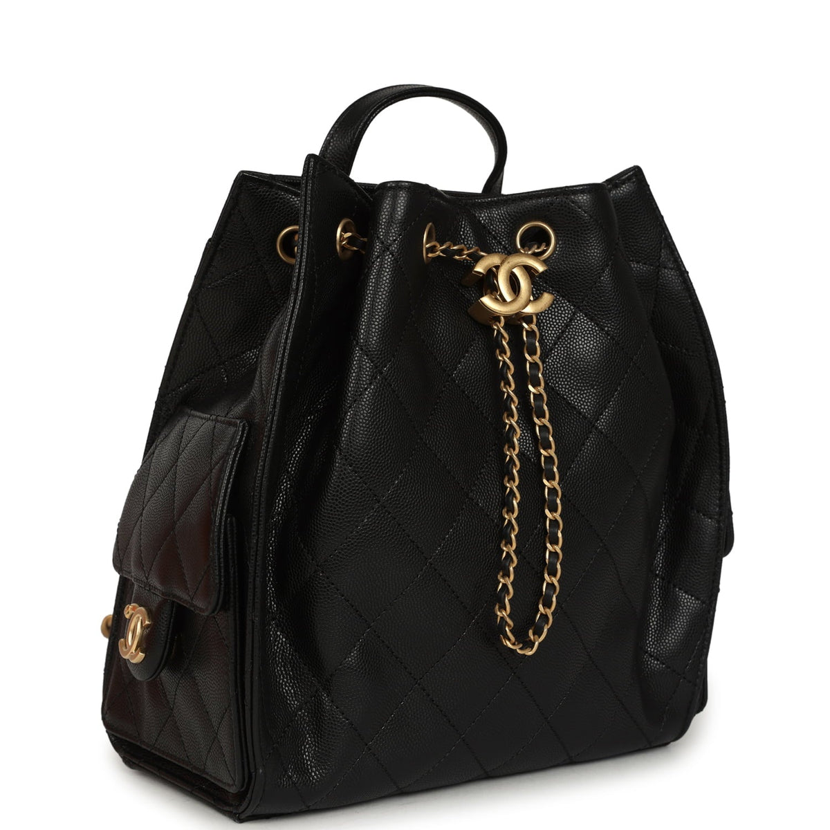 Pre-owned Chanel Small 25 Hobo Backpack Black Caviar Antique Gold Hardware