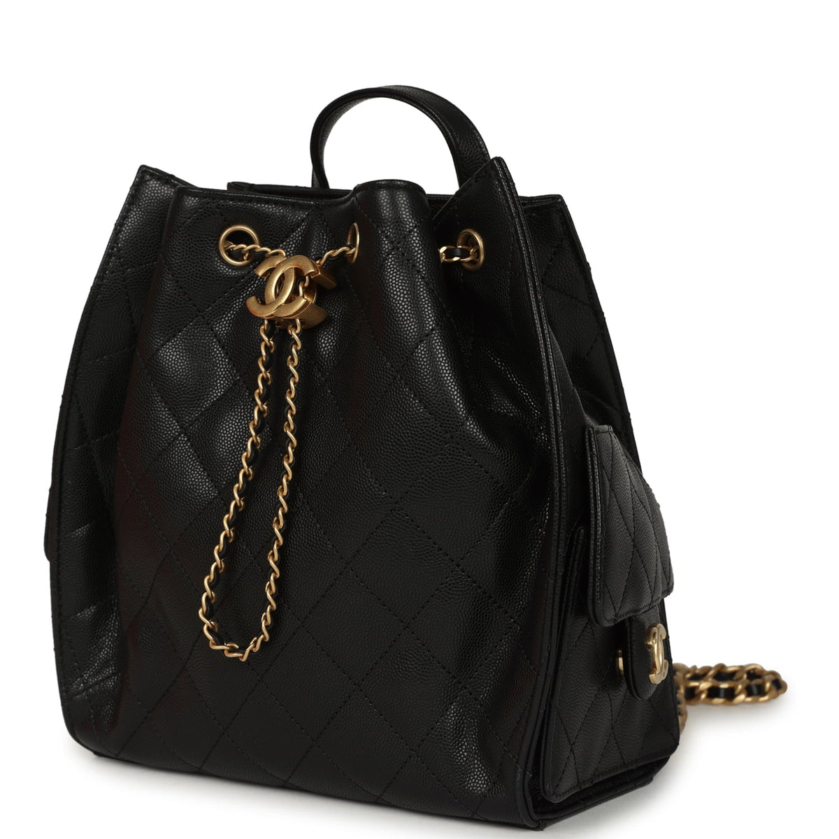 Pre-owned Chanel Small 25 Hobo Backpack Black Caviar Antique Gold Hardware