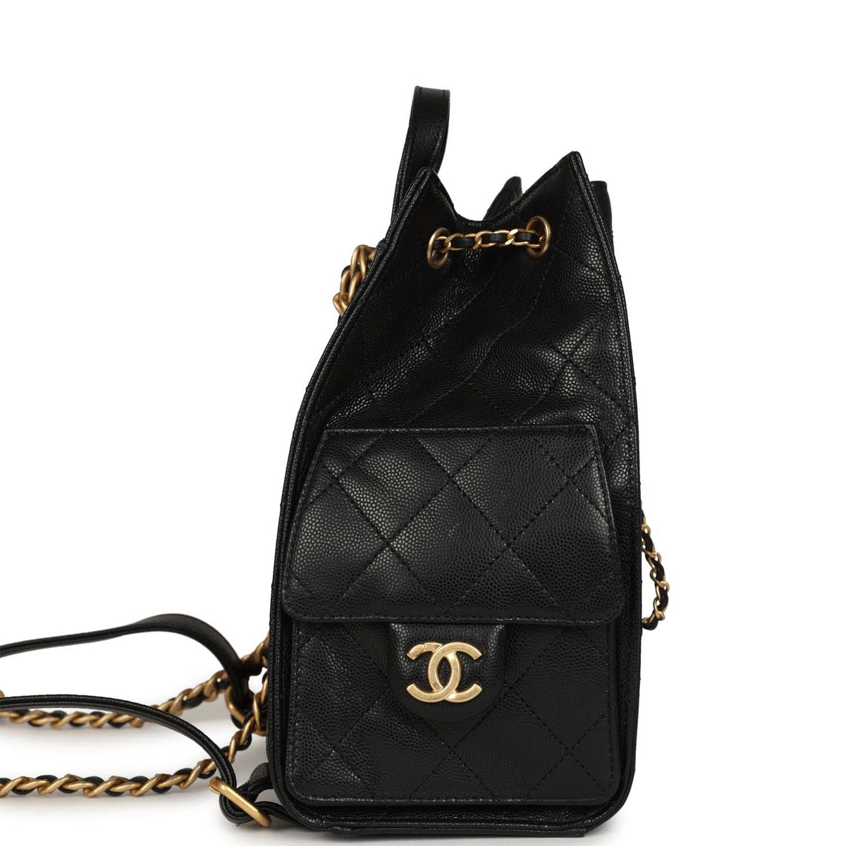 Pre-owned Chanel Small 25 Hobo Backpack Black Caviar Antique Gold Hardware