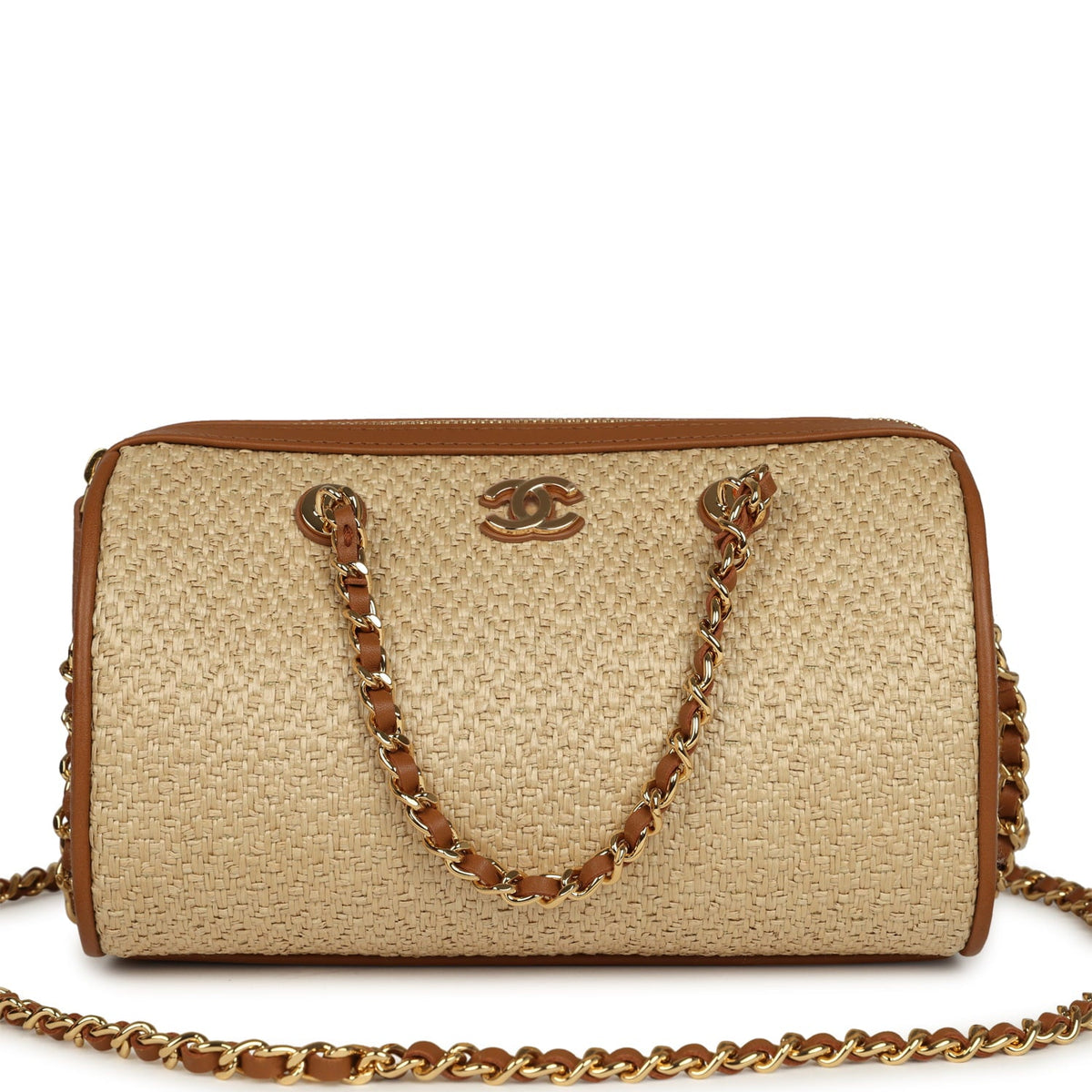 Chanel Mini Timeless Classic Barrel Bag with Chain Beige Braided Raffia and Brown Calfskin Light Gold Hardware