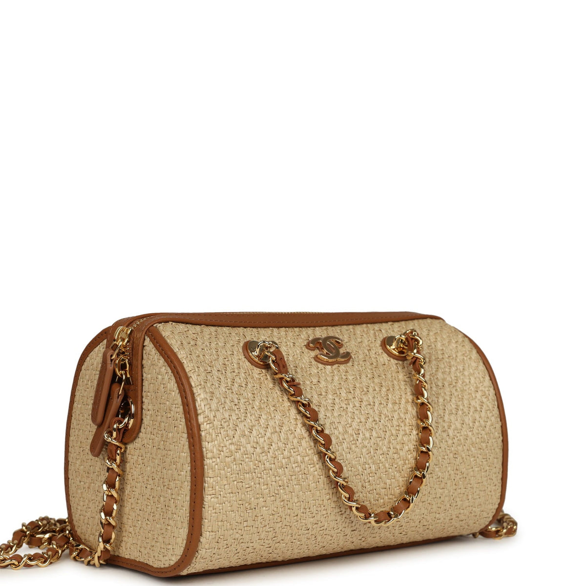 Chanel Mini Timeless Classic Barrel Bag with Chain Beige Braided Raffia and Brown Calfskin Light Gold Hardware
