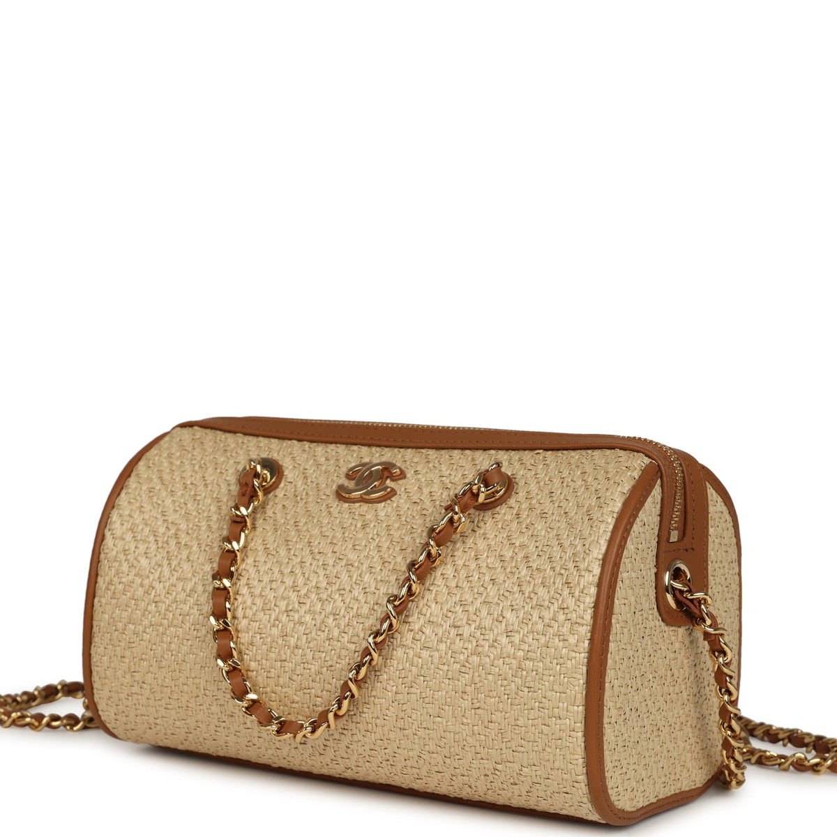 Chanel Mini Timeless Classic Barrel Bag with Chain Beige Braided Raffia and Brown Calfskin Light Gold Hardware