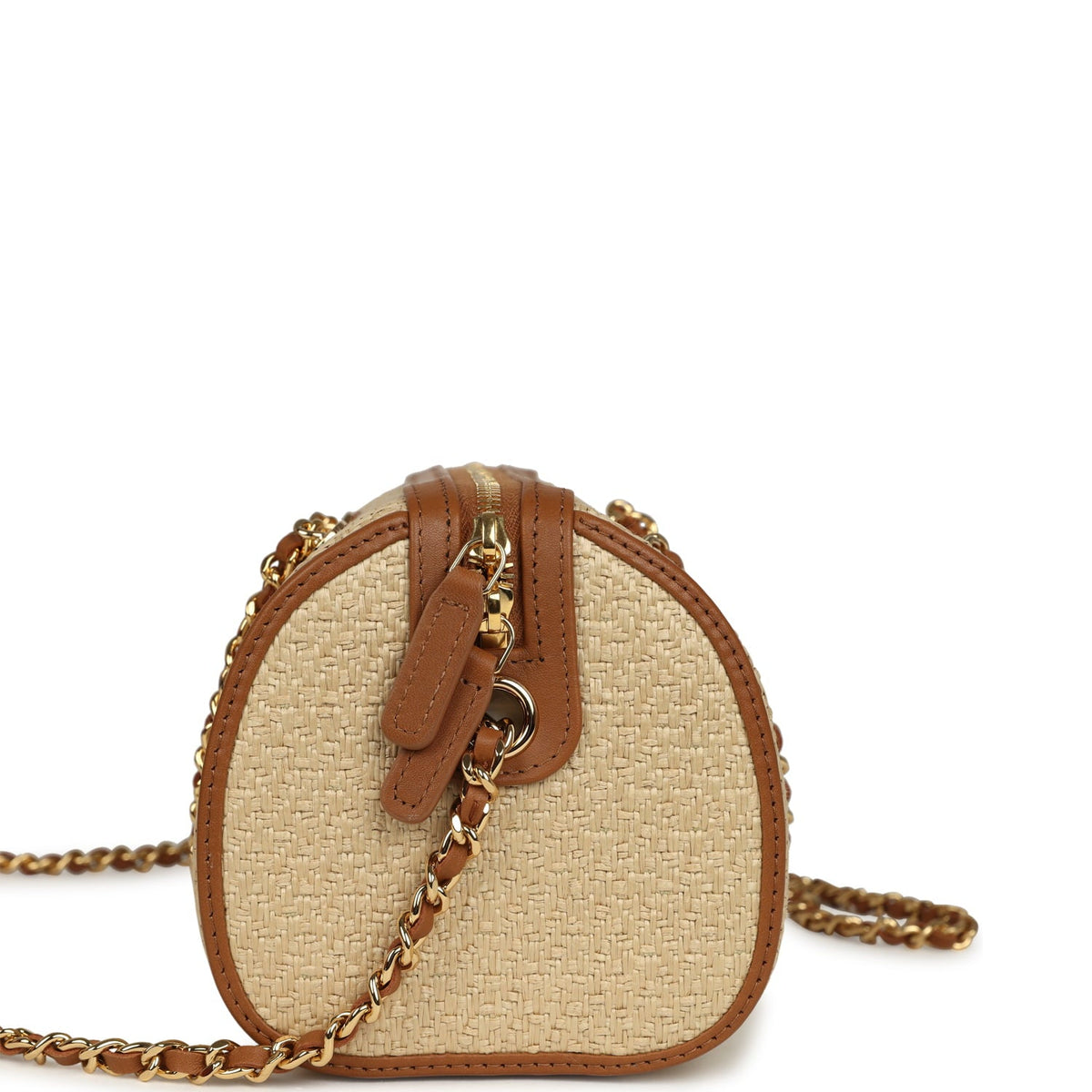 Chanel Mini Timeless Classic Barrel Bag with Chain Beige Braided Raffia and Brown Calfskin Light Gold Hardware