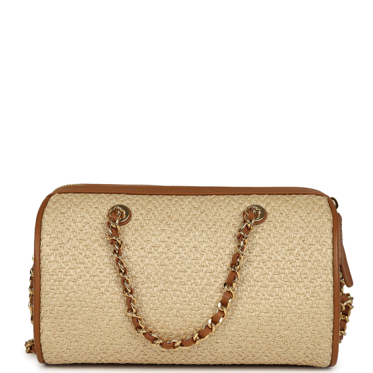 Chanel Mini Timeless Classic Barrel Bag with Chain Beige Braided Raffia and Brown Calfskin Light Gold Hardware