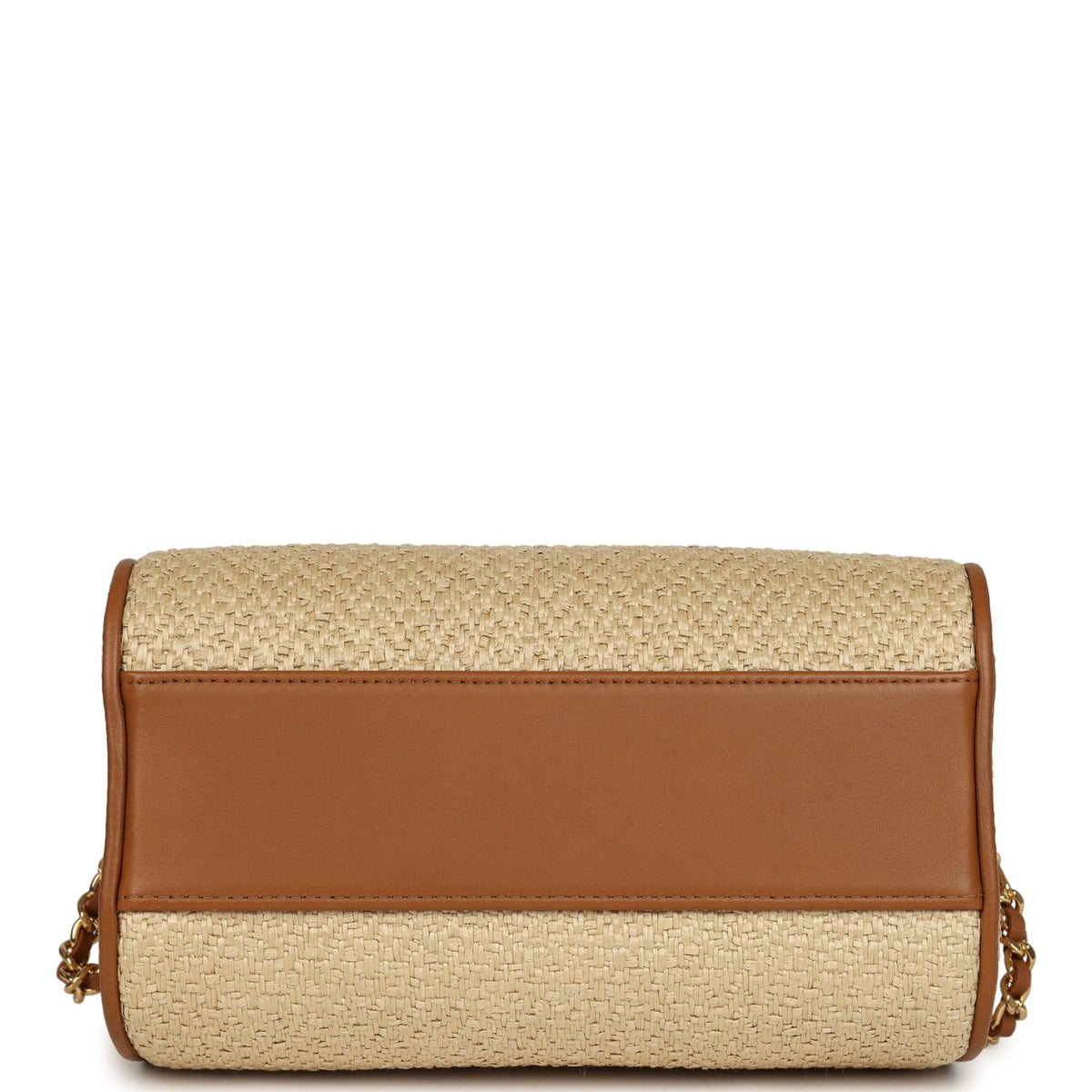 Chanel Mini Timeless Classic Barrel Bag with Chain Beige Braided Raffia and Brown Calfskin Light Gold Hardware