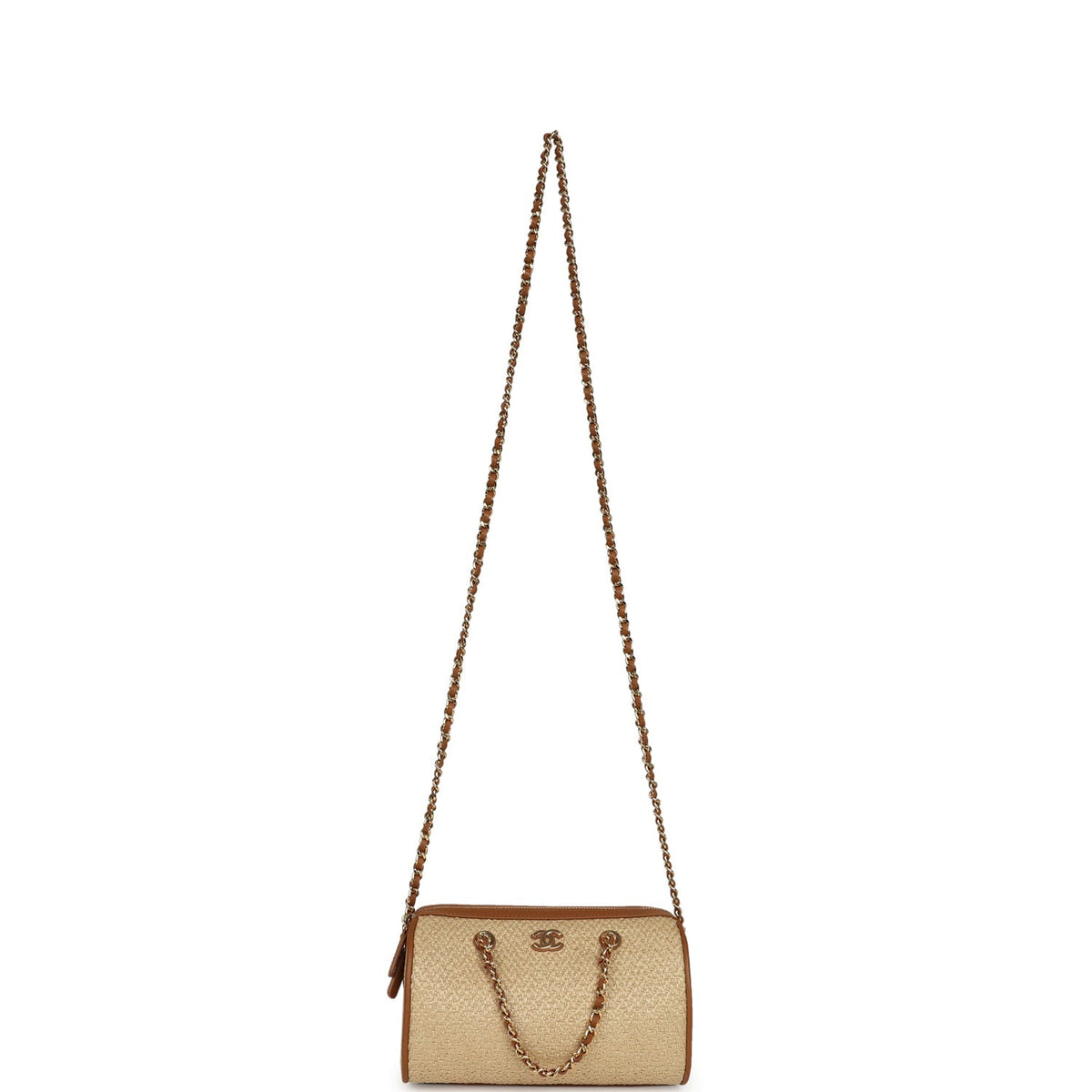 Chanel Mini Timeless Classic Barrel Bag with Chain Beige Braided Raffia and Brown Calfskin Light Gold Hardware
